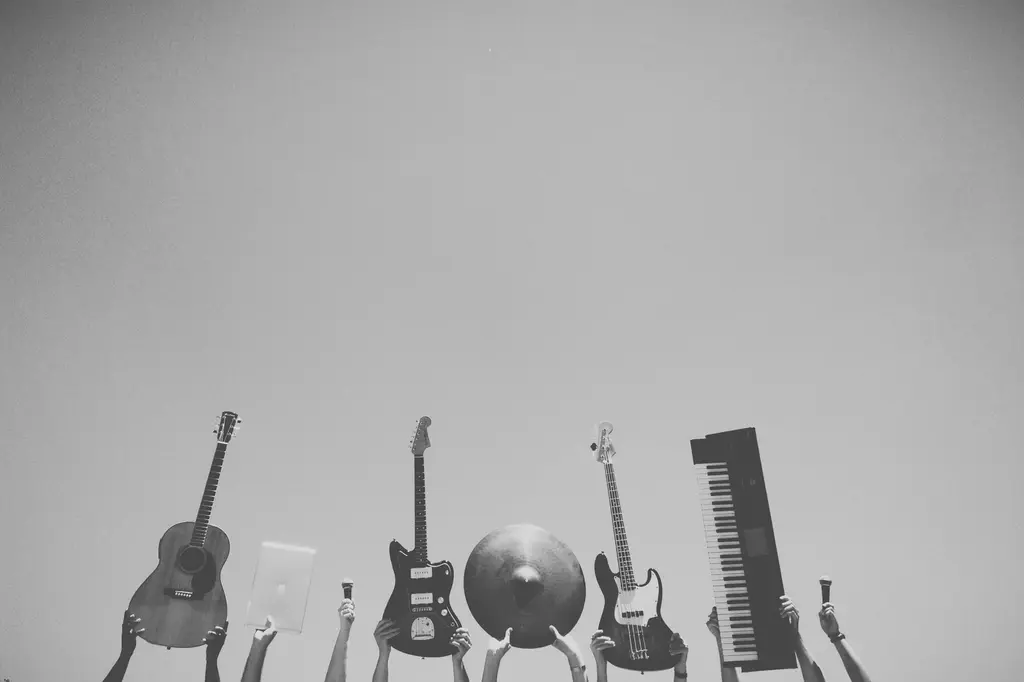 Musical instruments arranged to represent the trade supply process.