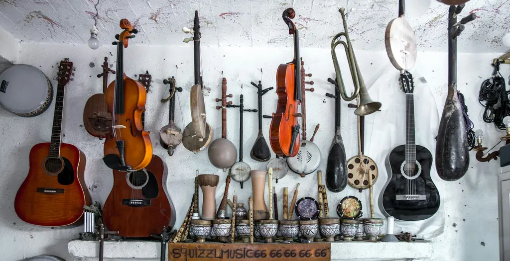 A music retail environment with instruments on display for category context.