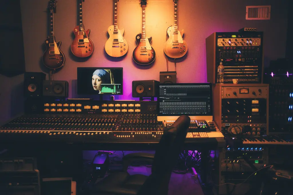 Recording studio equipment and instruments arranged for context.